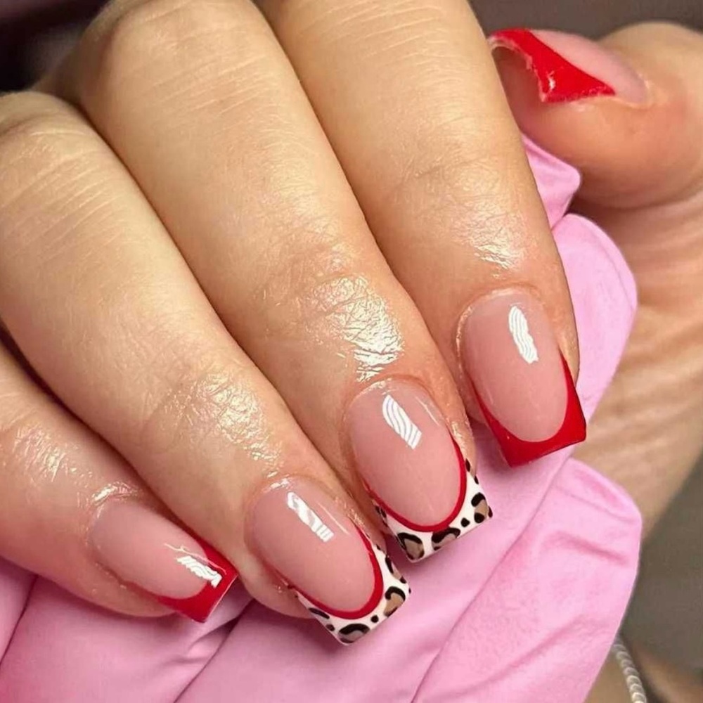 Natural Beige with Bold Red Edge and Sexy Leopard Print Acrylic Nail Set